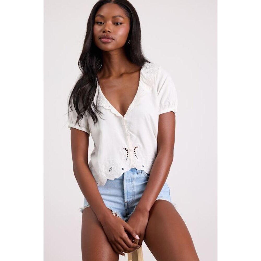 Lulus Briallen Ivory Embroidered Short Sleeve Top White - Size M